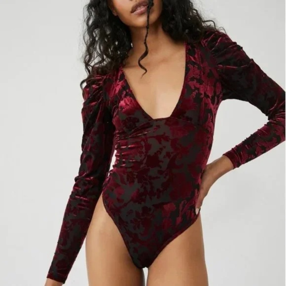Free People Red Ruched Long Sleeve Bodysuit